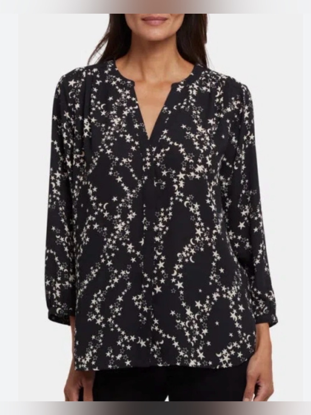 Celestial Star & Moon Print V-Neck Button Down NYDJ Nordstrom Blouse Sz M